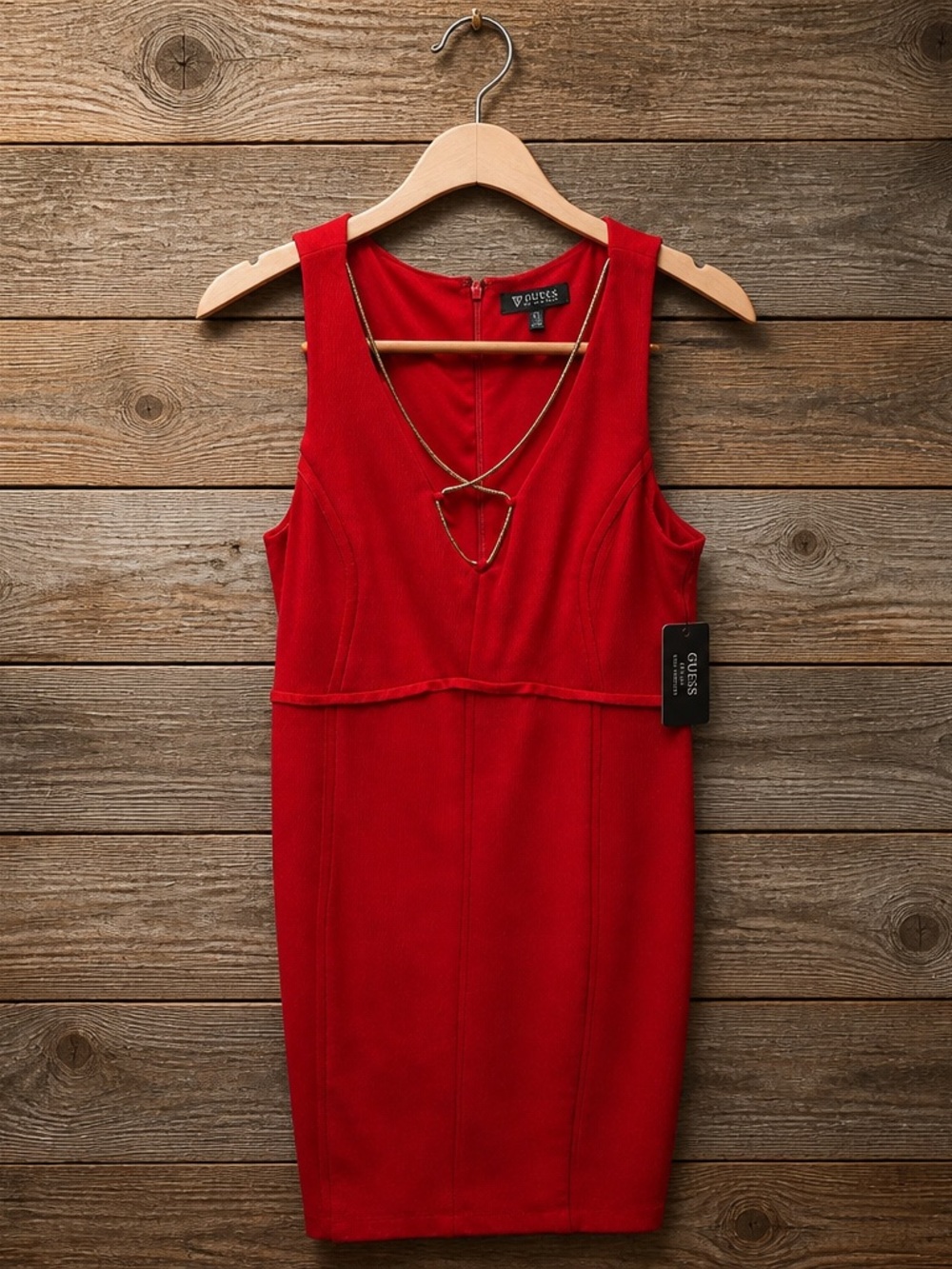 GUESS Red V-Neck Sleeveless Sheath Dress with Chain Accent